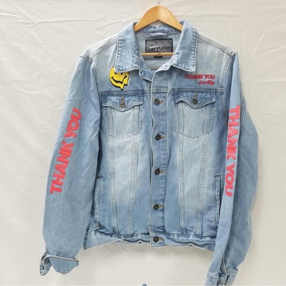 Brooklyn Cloth "Thank You For Nothing" Embroidered Denim Jean Jacket Size Large